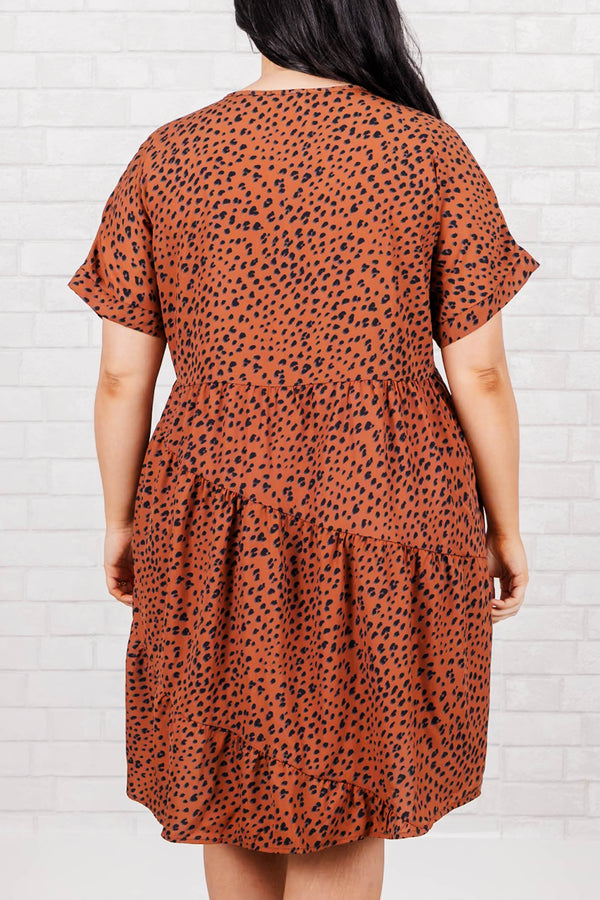 Chic Soul plus size clothing, rust leopard pattern tiered flowy dress with a v neck