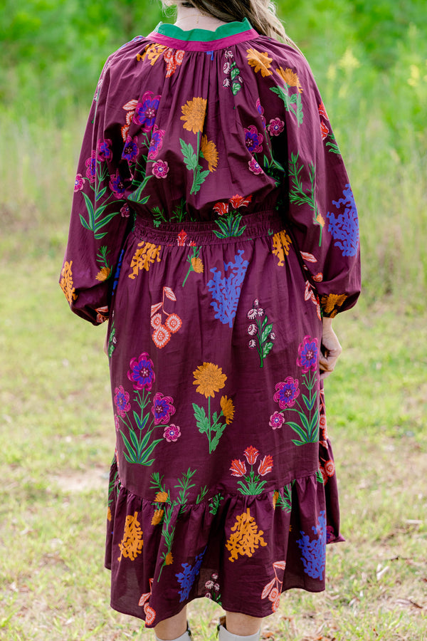 Chic Soul plus size clothing, maroon long sleeve dress with bright multi color floral print