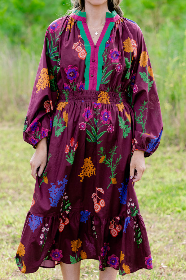 Chic Soul plus size clothing, maroon long sleeve dress with bright multi color floral print