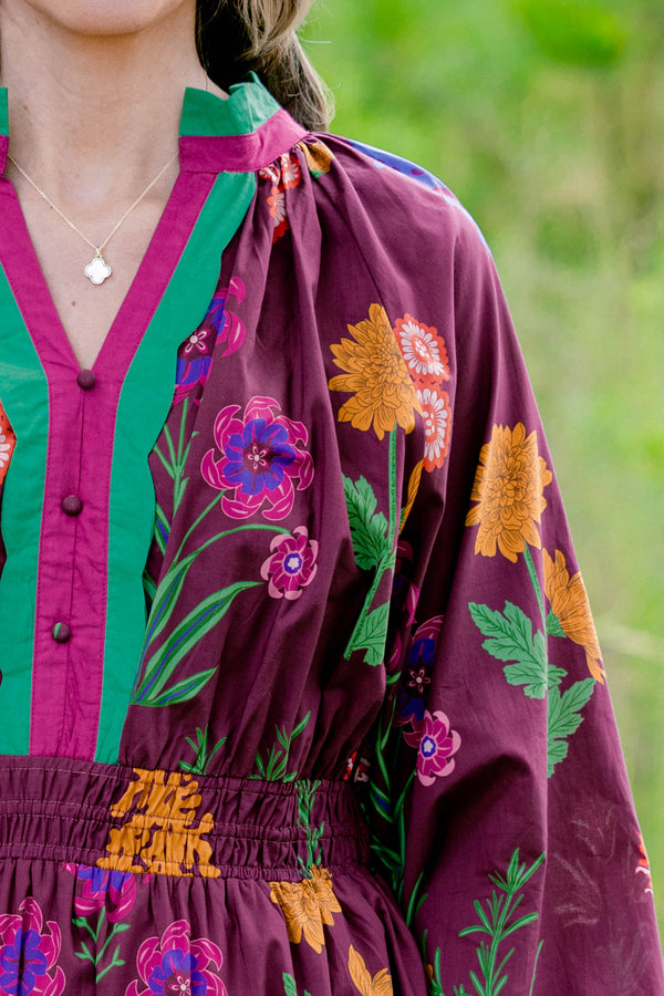 Chic Soul plus size clothing, maroon long sleeve dress with bright multi color floral print