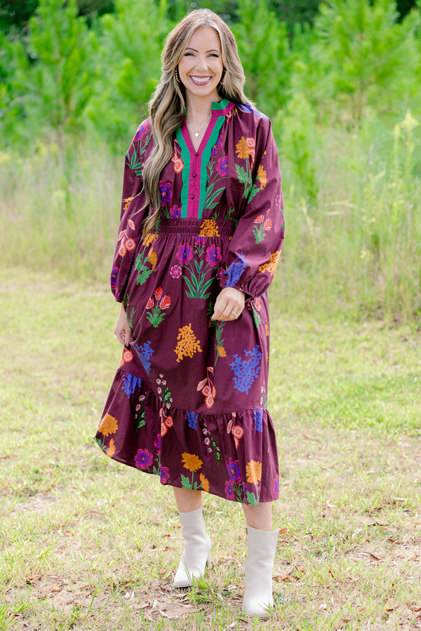 Chic Soul plus size clothing, maroon long sleeve dress with bright multi color floral print