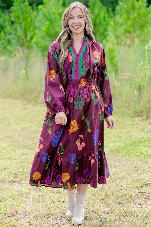 Chic Soul plus size clothing, maroon long sleeve dress with bright multi color floral print
