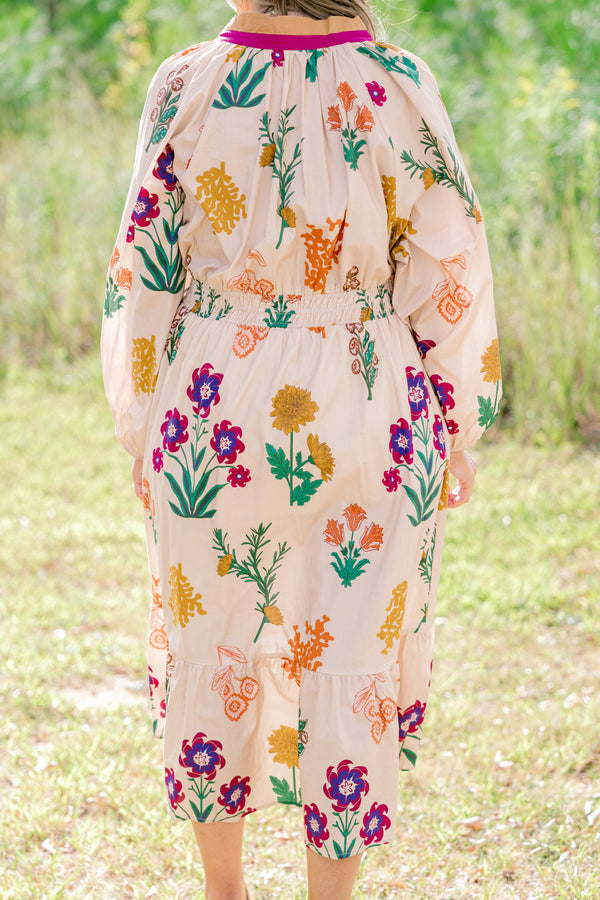 Chic Soul plus size clothing, tan long sleeve midi dress with multi color floral print, buttons going down the chest and a neckline with a collar that is magenta
