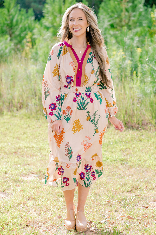Chic Soul plus size clothing, tan long sleeve midi dress with multi color floral print, buttons going down the chest and a neckline with a collar that is magenta