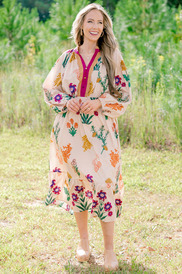 Chic Soul plus size clothing, tan long sleeve midi dress with multi color floral print, buttons going down the chest and a neckline with a collar that is magenta