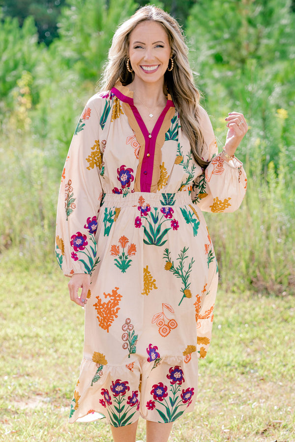 Chic Soul plus size clothing, tan long sleeve midi dress with multi color floral print, buttons going down the chest and a neckline with a collar that is magenta