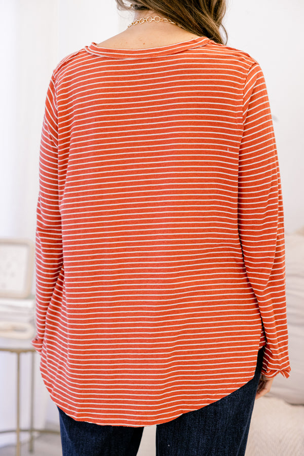 Chic Soul plus size clothing, brick red thing long sleeve v neck top with raw hem