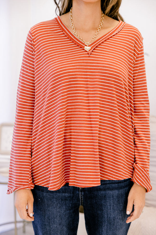 Chic Soul plus size clothing, brick red thing long sleeve v neck top with raw hem