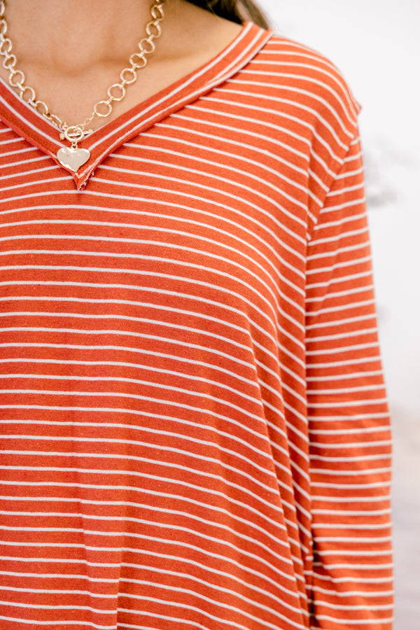 Chic Soul plus size clothing, brick red thing long sleeve v neck top with raw hem