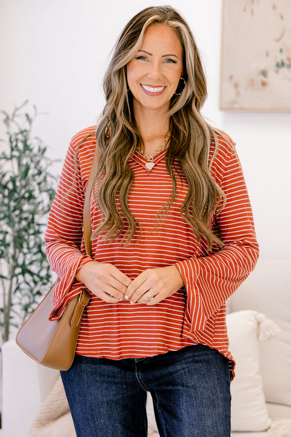 Chic Soul plus size clothing, brick red thing long sleeve v neck top with raw hem