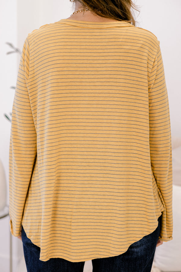 Chic Soul plus size clothing, mustard yellow thin stripe long sleeve v neck top with raw 