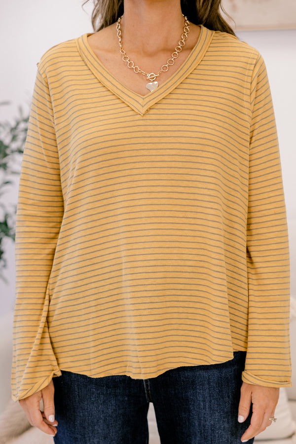 Chic Soul plus size clothing, mustard yellow thin stripe long sleeve v neck top with raw 