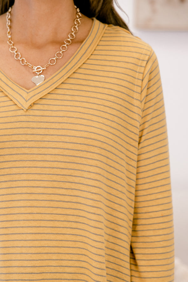 Chic Soul plus size clothing, mustard yellow thin stripe long sleeve v neck top with raw 