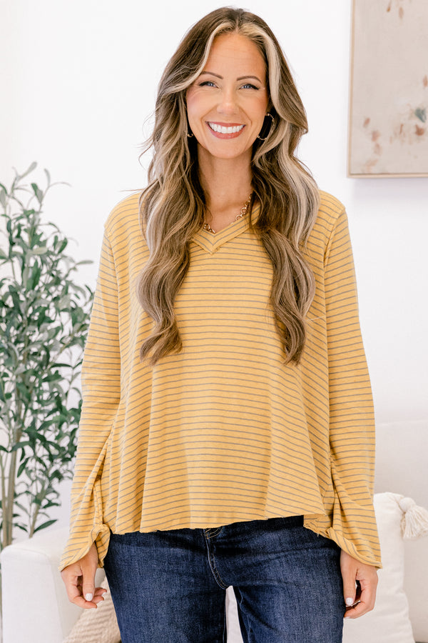 Chic Soul plus size clothing, mustard yellow thin stripe long sleeve v neck top with raw 