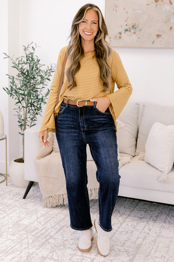 Chic Soul plus size clothing, mustard yellow thin stripe long sleeve v neck top with raw 