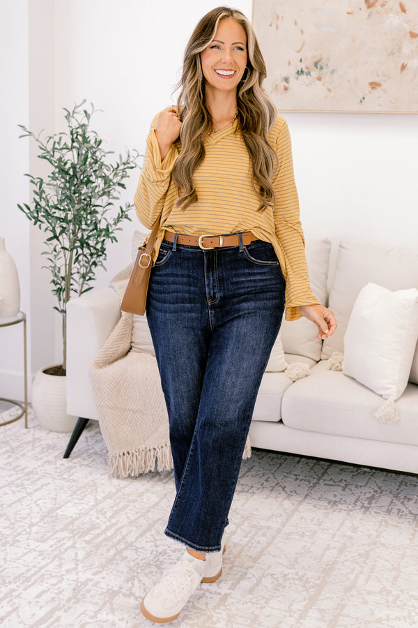 Chic Soul plus size clothing, mustard yellow thin stripe long sleeve v neck top with raw 