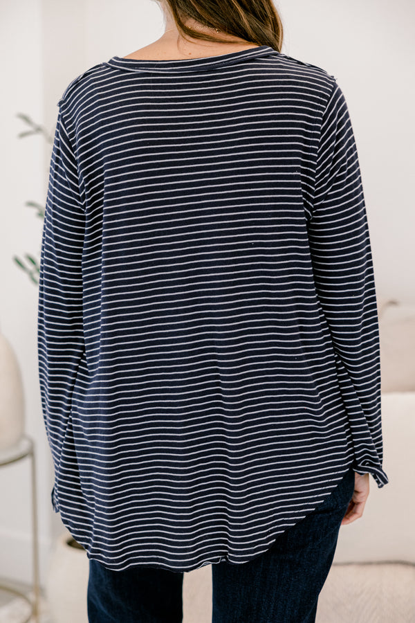Chic Soul plus size clothing, navy and white thin stripe long sleeve v neck top with raw hem