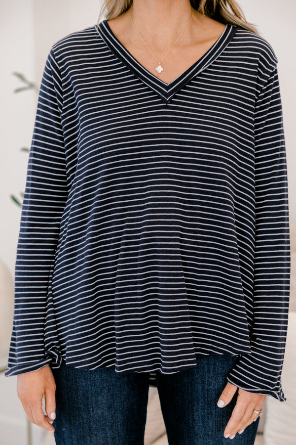 Chic Soul plus size clothing, navy and white thin stripe long sleeve v neck top with raw hem