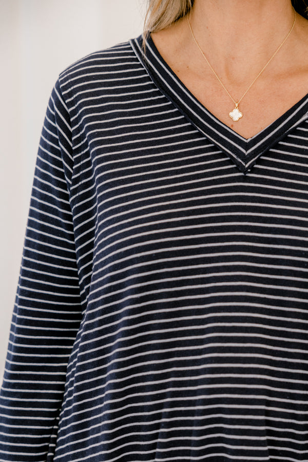 Chic Soul plus size clothing, navy and white thin stripe long sleeve v neck top with raw hem