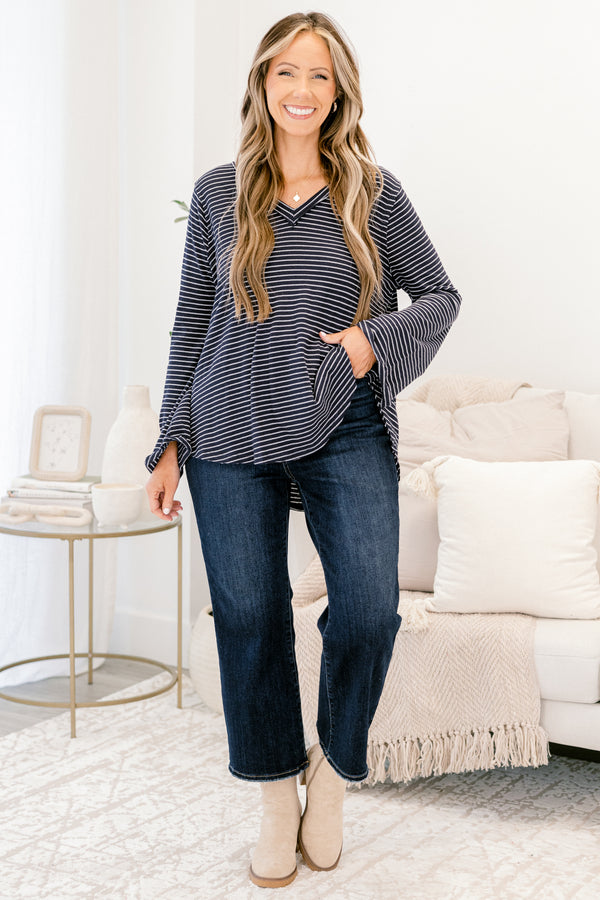 Chic Soul plus size clothing, navy and white thin stripe long sleeve v neck top with raw hem