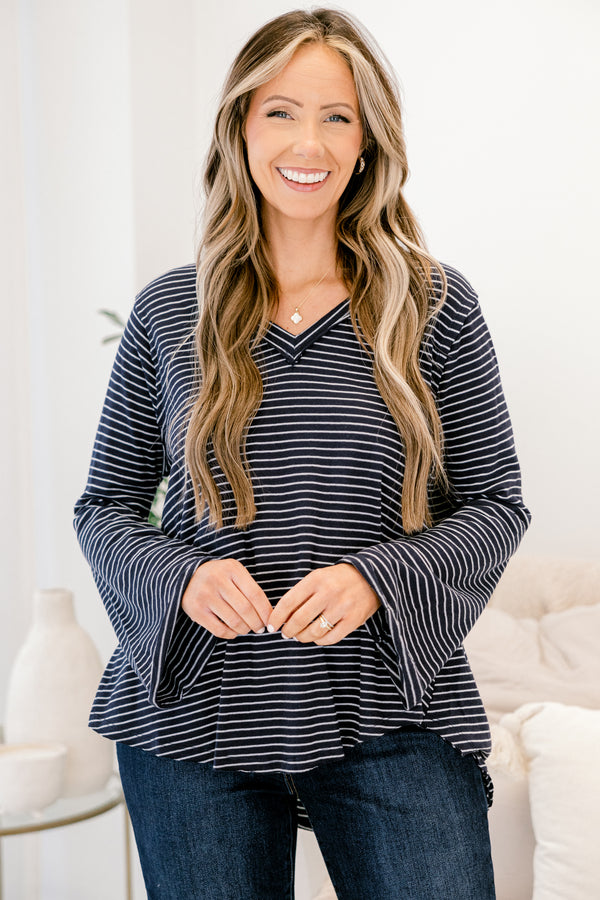 Chic Soul plus size clothing, navy and white thin stripe long sleeve v neck top with raw 