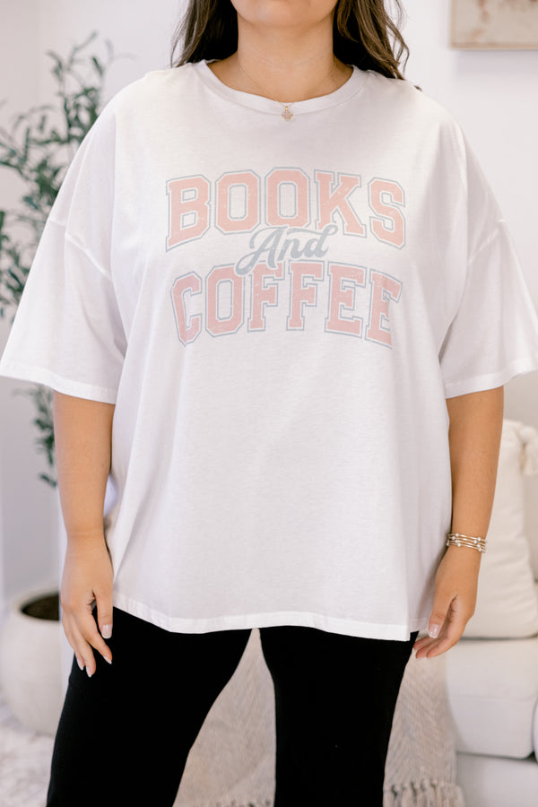 Chic Soul plus size clothing, oversized white boyfriend tee with “Books and Coffee” written in light pink block font across the chest