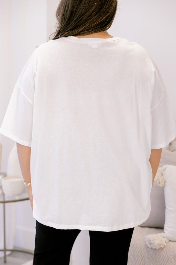 Chic Soul plus size clothing, oversized white boyfriend tee with “Books and Coffee” written in light pink block font across the chest