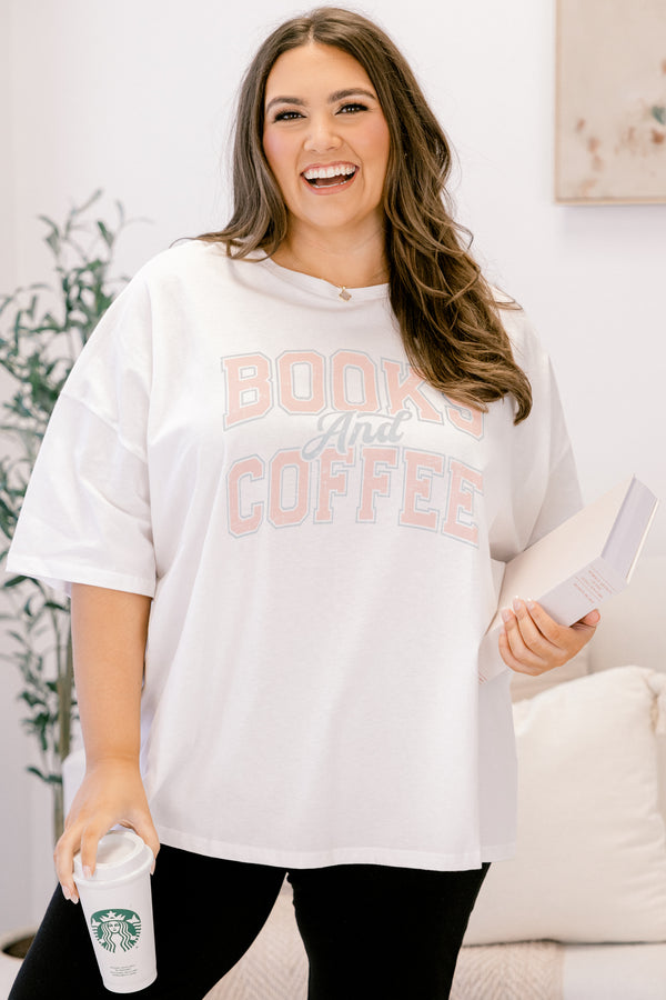 Chic Soul plus size clothing, oversized white boyfriend tee with “Books and Coffee” written in light pink block font across the chest