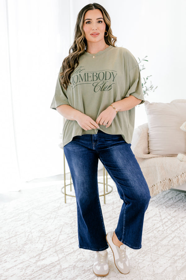 Chic Soul plus size clothing, light army green vintage wash short sleeve tee with darker green text 