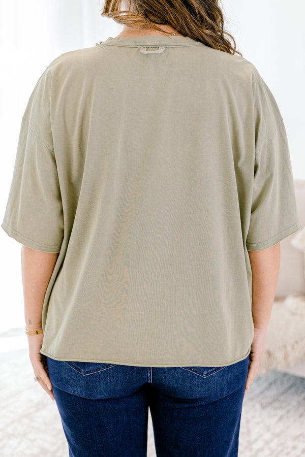 Chic Soul plus size clothing, light army green vintage wash short sleeve tee with darker green text 