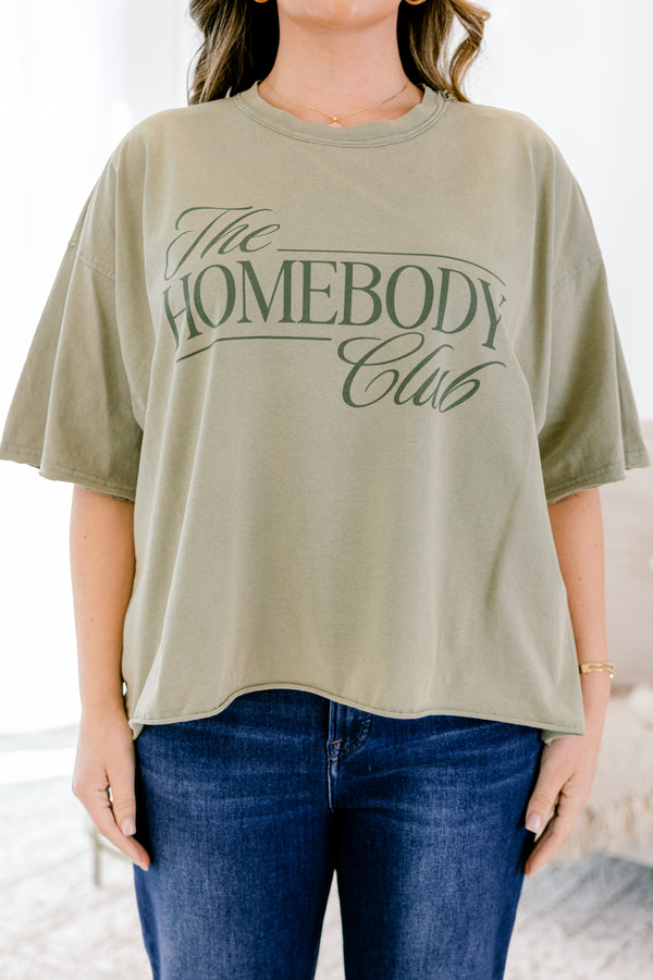 Chic Soul plus size clothing, light army green vintage wash short sleeve tee with darker green text 