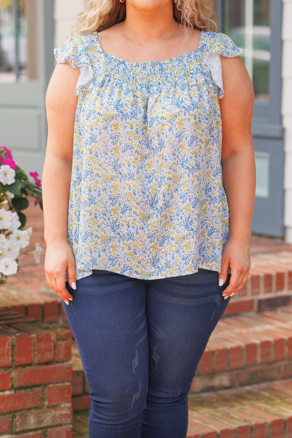 Chic Soul plus size clothing, blue and green floral pattern top with flutter sleeves