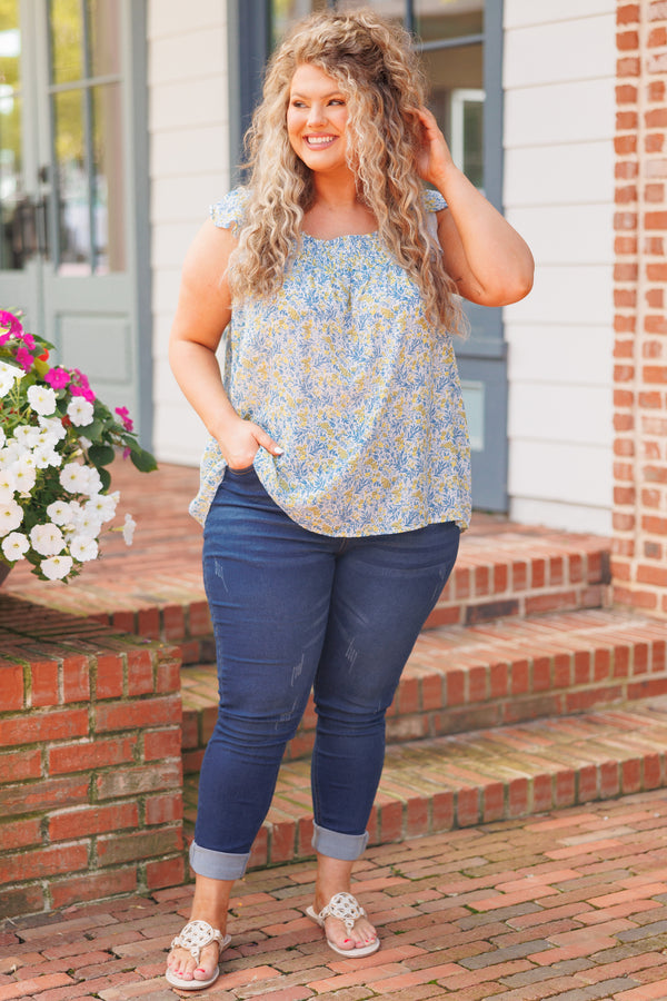 Chic Soul plus size clothing, blue and green floral pattern top with flutter sleeves