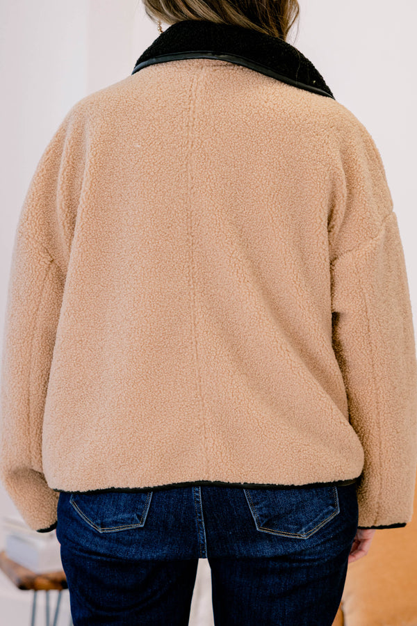 Chic Soul plus size clothing, camel fur colored jacket that has black details going around the ends of each sleeve and on the bottom of the jacket as well as button details going down the left side of the jacket 