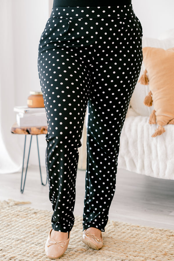 Chic Soul plus size clothing, black and white polka dot slim fitting full length pants