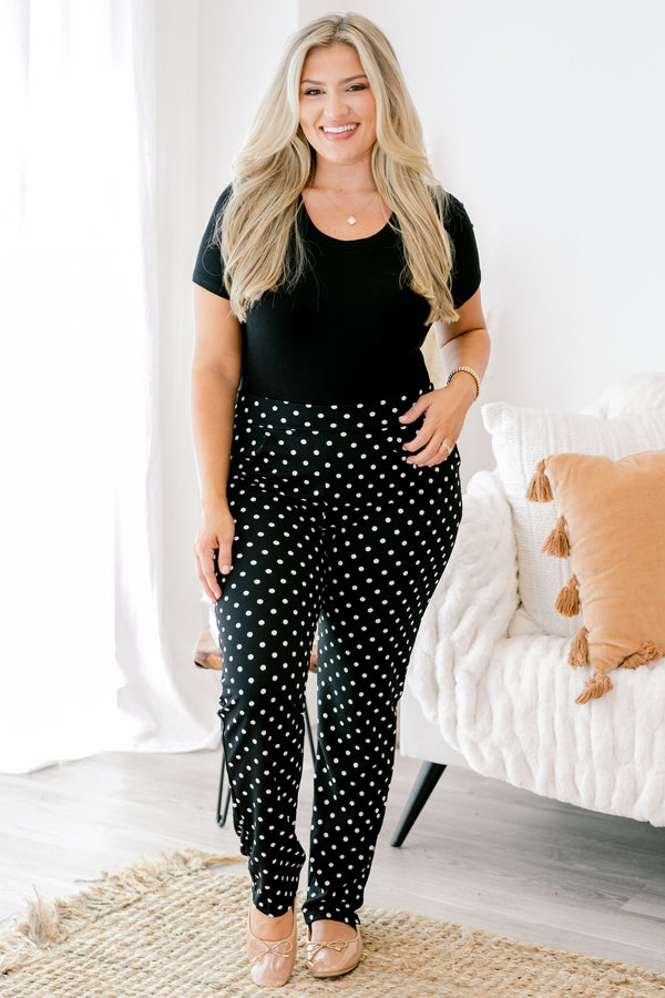 Chic Soul plus size clothing, black and white polka dot slim fitting full length pants