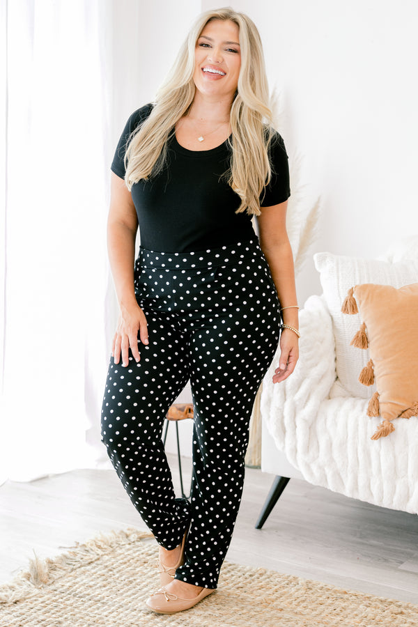 Chic Soul plus size clothing, black and white polka dot slim fitting full length pants
