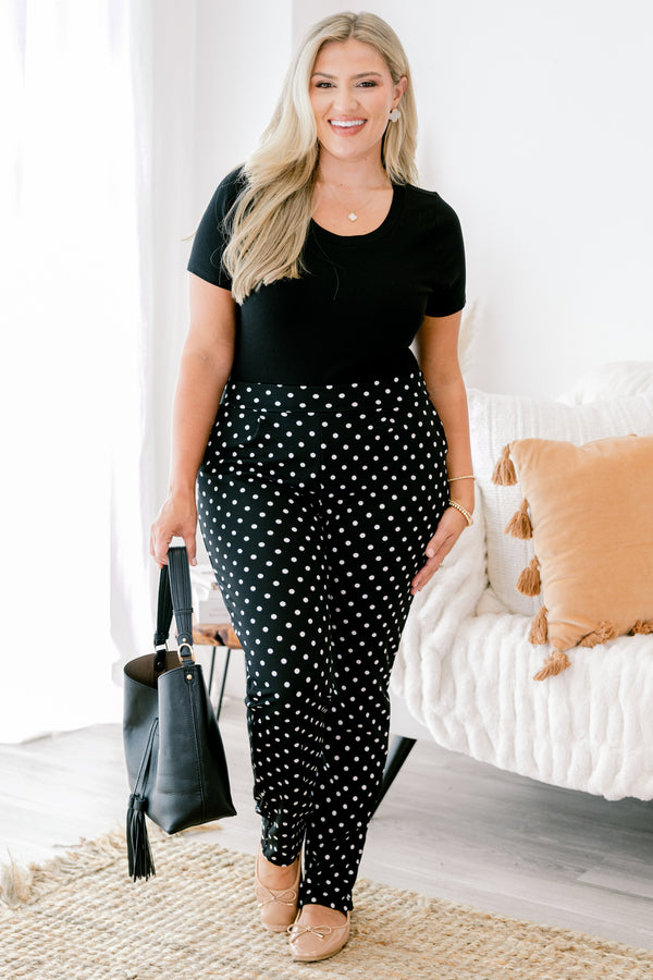 Chic Soul plus size clothing, black and white polka dot slim fitting full length pants