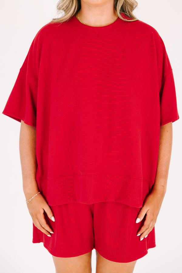 Plus Size red two-piece set with a short-sleeve ribbed top and matching elastic waistline shorts.