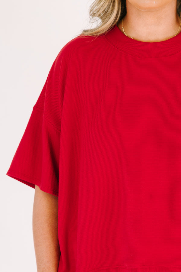 Plus Size red two-piece set with a short-sleeve ribbed top and matching elastic waistline shorts.