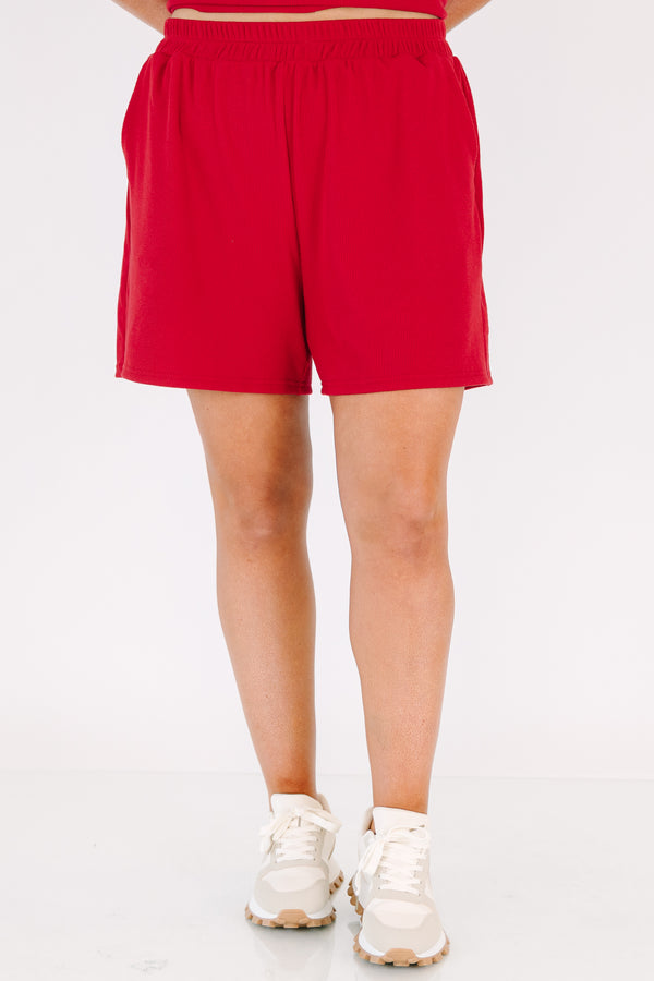 Plus Size red two-piece set with a short-sleeve ribbed top and matching elastic waistline shorts.