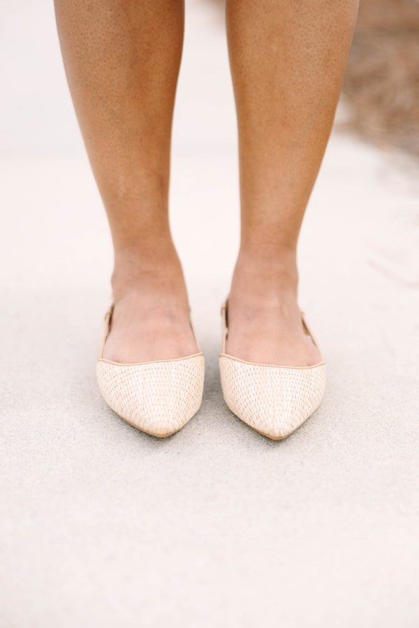 Chic Soul plus size clothing natural woven  closed toed pointed flats with a natural colored thin strap going around the back of the heel 