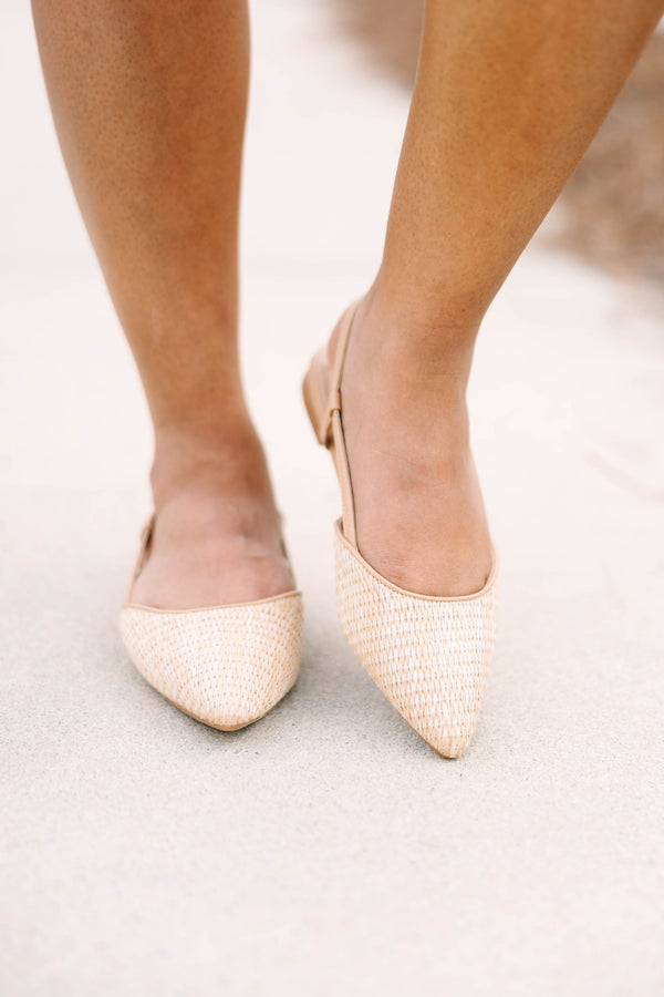Chic Soul plus size clothing natural woven  closed toed pointed flats with a natural colored thin strap going around the back of the heel 