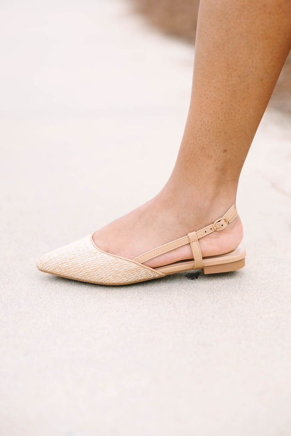 Chic Soul plus size clothing natural woven  closed toed pointed flats with a natural colored thin strap going around the back of the heel 