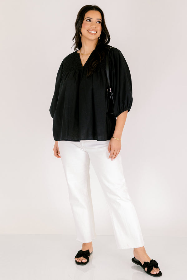 Chic Soul plus size clothing, black half sleeve flowy baby doll top with v neckline cutout