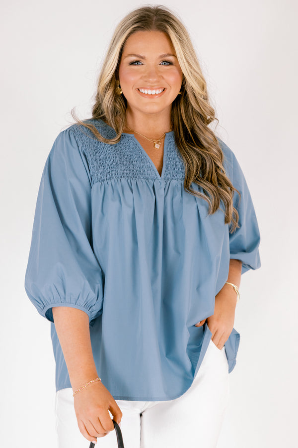 Chic Soul plus size clothing, chambray top with a smocked neckline a slight v-neckline and half bubble sleeves 