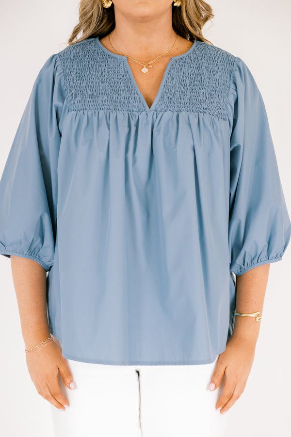 Chic Soul plus size clothing, chambray top with a smocked neckline a slight v-neckline and half bubble sleeves 