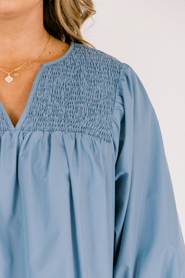 Chic Soul plus size clothing, chambray top with a smocked neckline a slight v-neckline and half bubble sleeves 