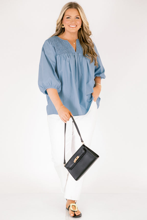 Chic Soul plus size clothing, chambray top with a smocked neckline a slight v-neckline and half bubble sleeves 