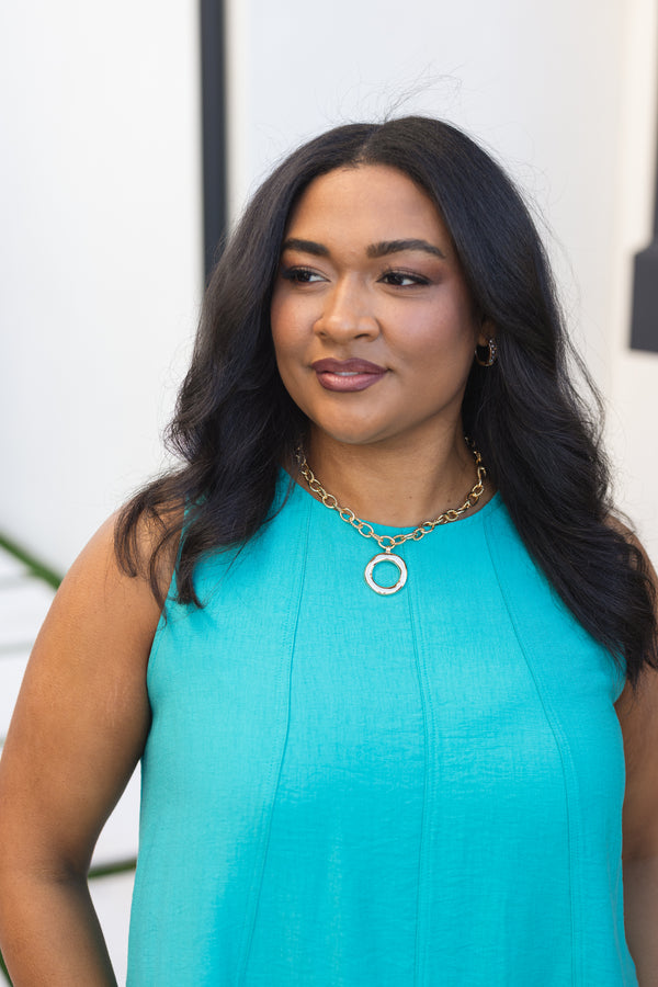 Chic Soul plus size clothing, gold chain necklace with gold circle pendant in the middle of the necklace